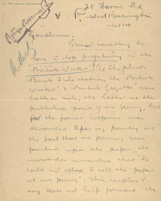 Letter from H.J. Hewley (?) to TUC (?), 8 May 1926, re: profiteering