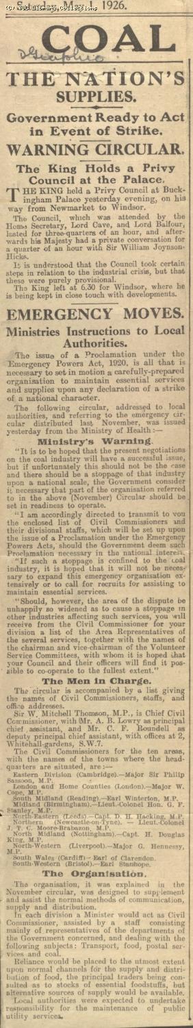 Newscutting - Coal Stoppage Begun, 1 May 1926