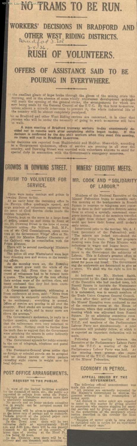 Newscutting - No Trams to be Run, 3 May 1926