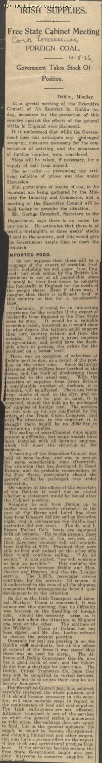 Newscutting - Irish Supplies, 4 May 1926