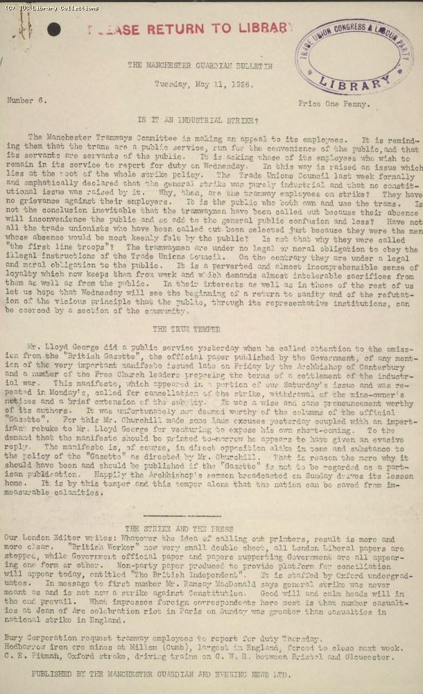 Manchester Guardian Bulletin, 11 May 1926
