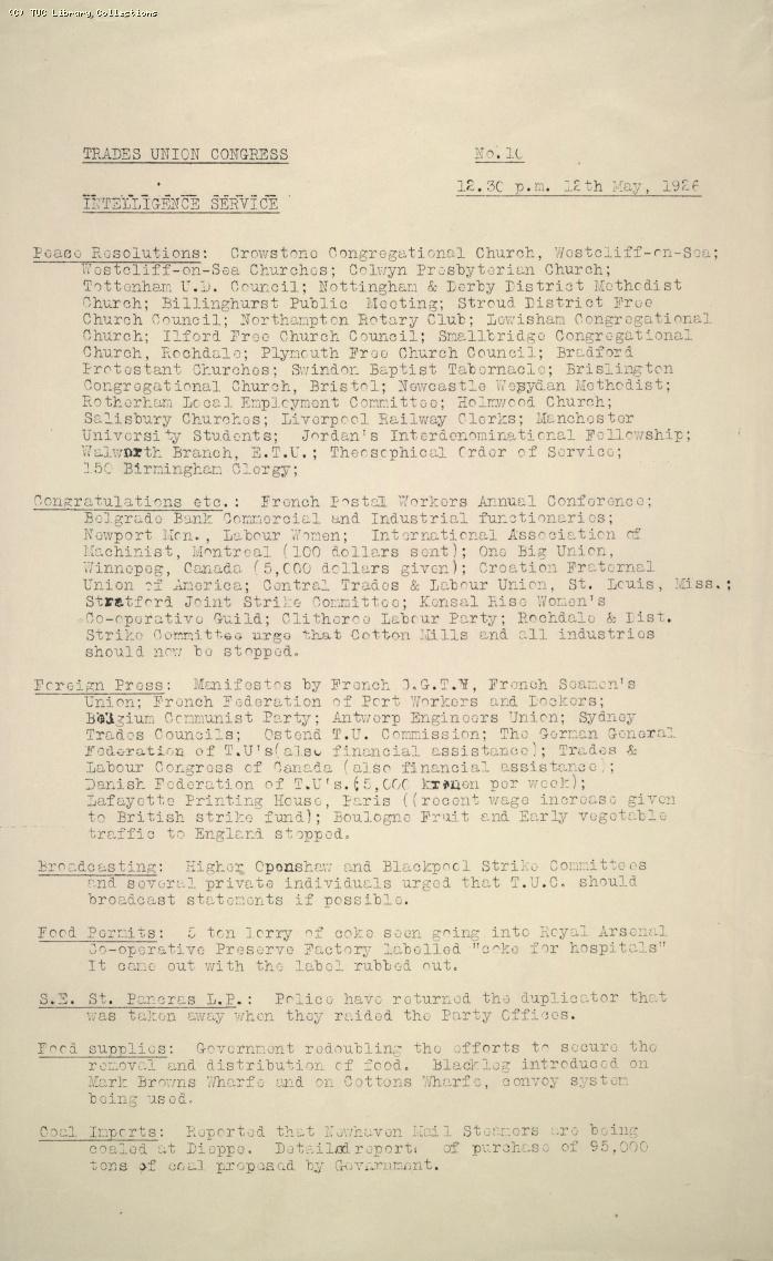 TUC Intelligence Service, No. 10, 12.30pm, 12 May 1926