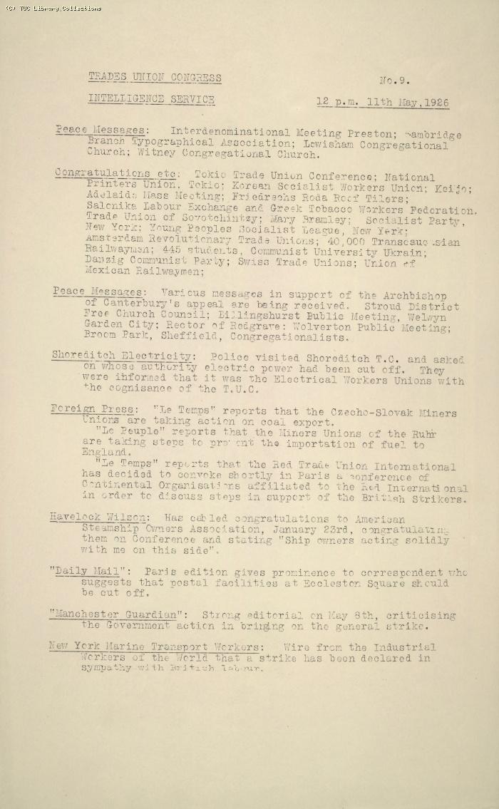TUC Intelligence Service, No. 9, 12pm, 11 May 1926