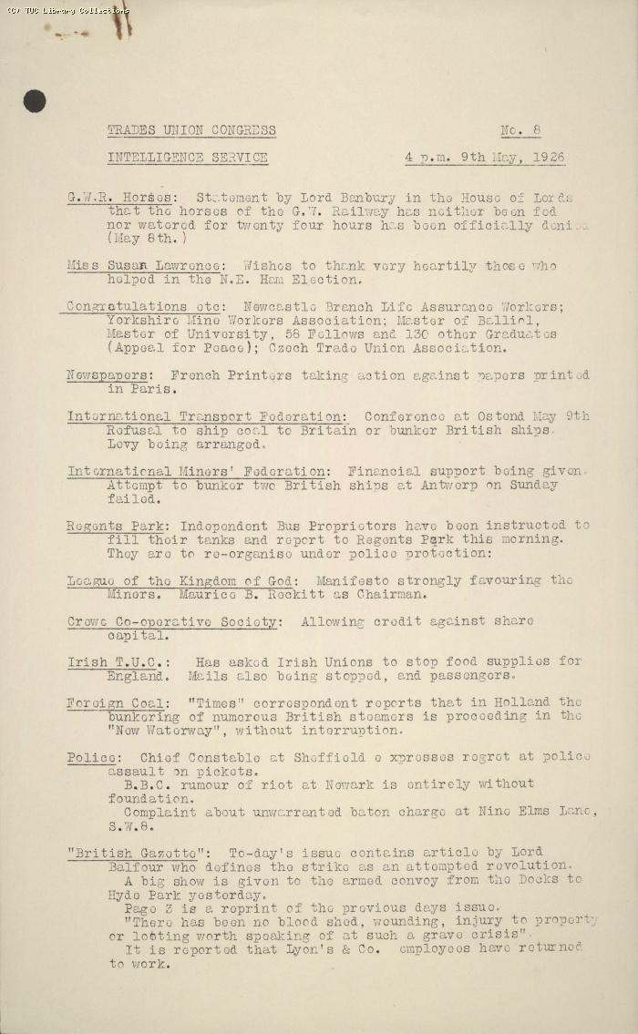 TUC Intelligence Service, No. 8, 4pm, 9 May 1926