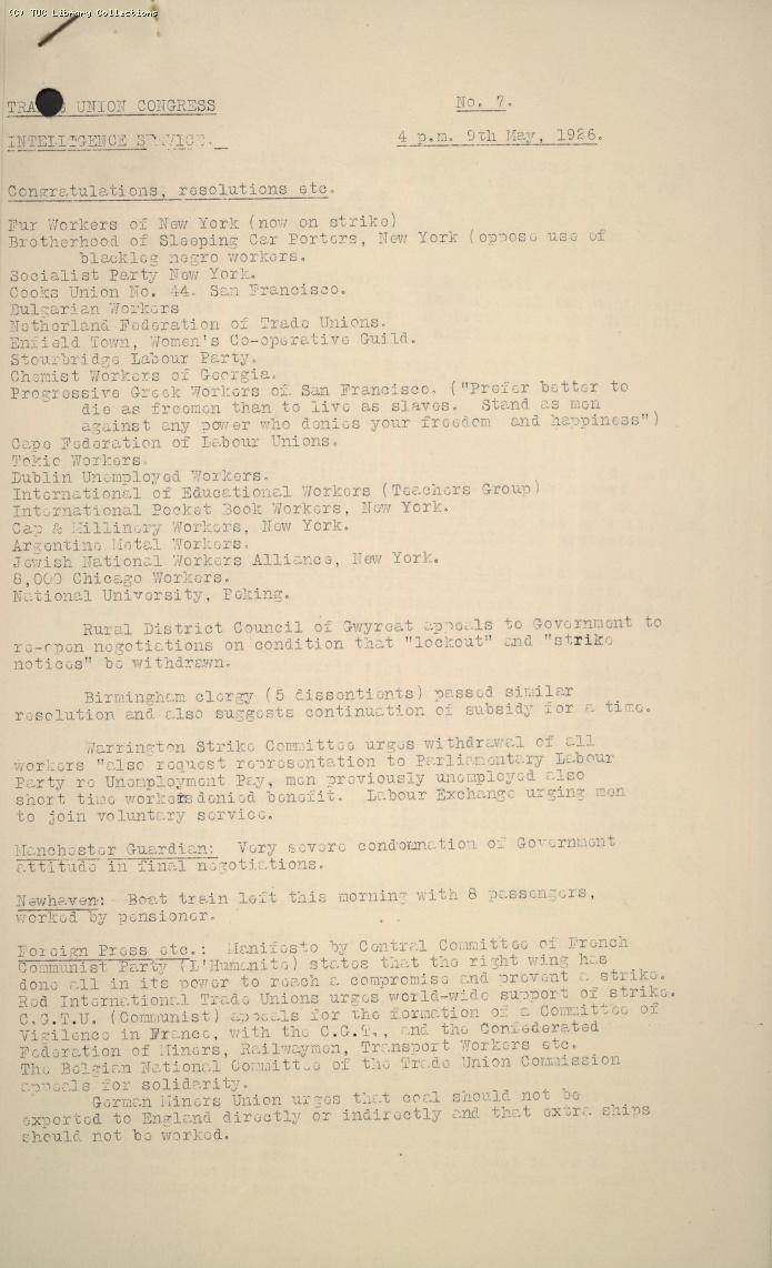 TUC Intelligence Service, No. 7, 4pm, 9 May 1926