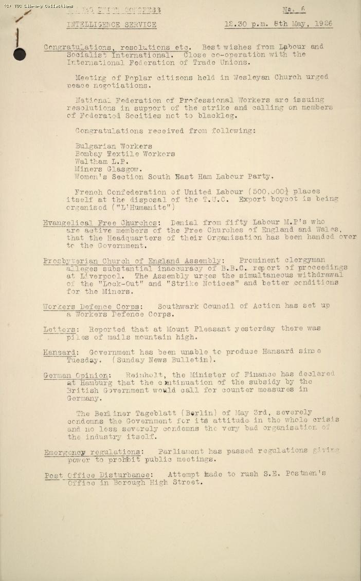 TUC Intelligence Service, No. 6, 12.30pm, 8 May 1926