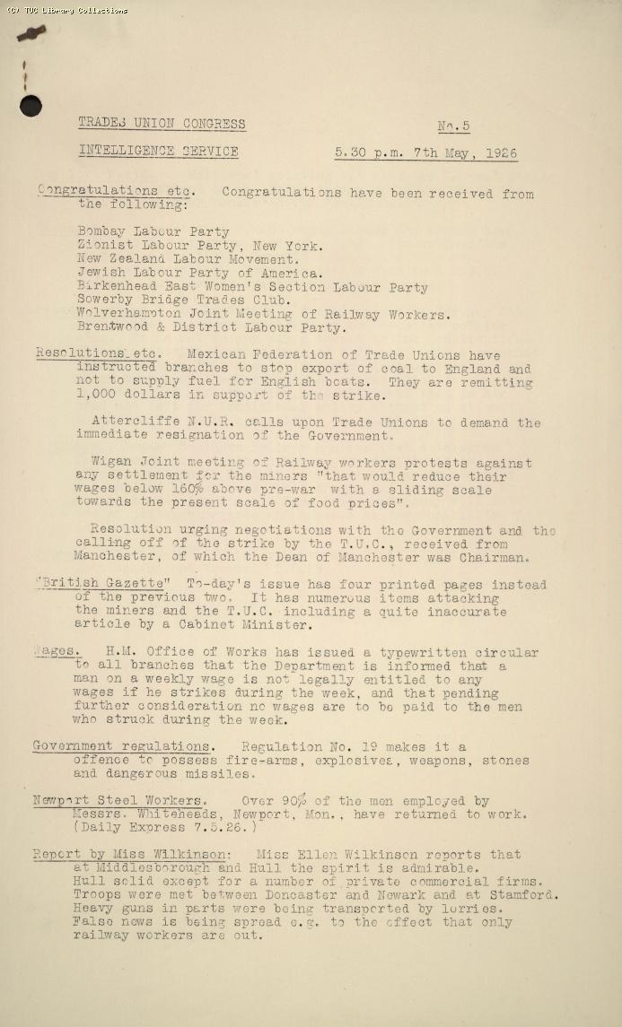 TUC Intelligence Service, No. 5, 5.30pm, 7 May 1926