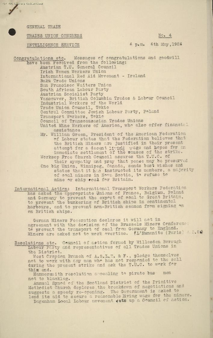 TUC Intelligence Service, No. 4, 6pm, 6 May 1926