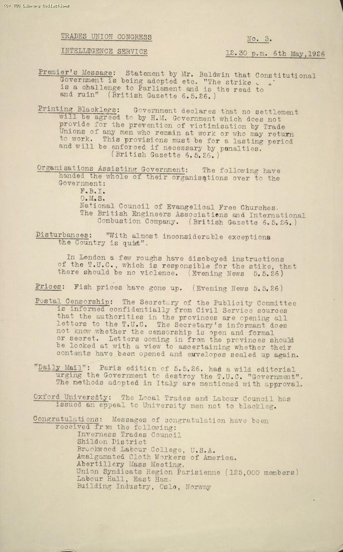 TUC Intelligence Service, No. 3, 12.30pm, 6 May 1926