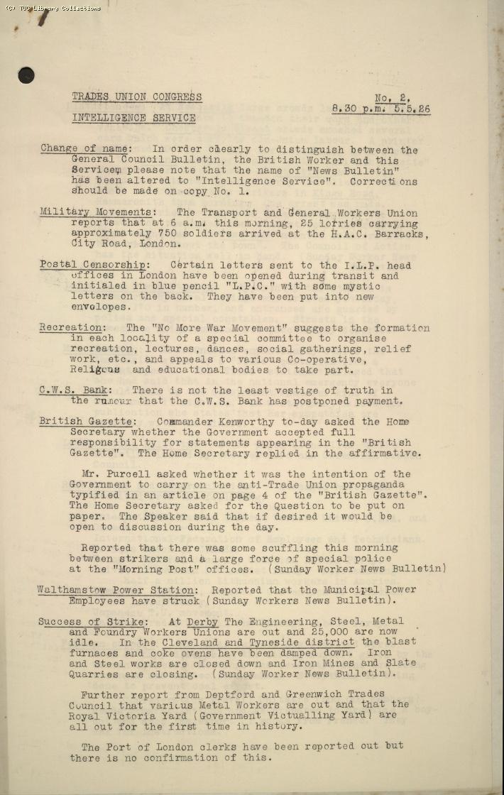 TUC Intelligence Service, No. 2, 8.30pm, 5 May 1926