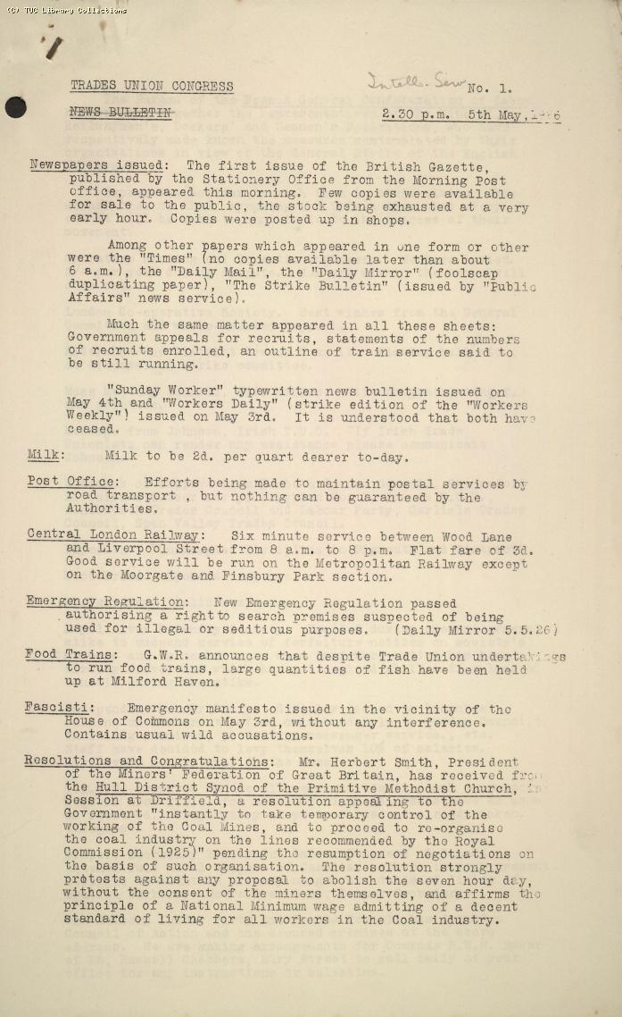 TUC Intelligence Service, No. 1, 5pm, 5 May 1926