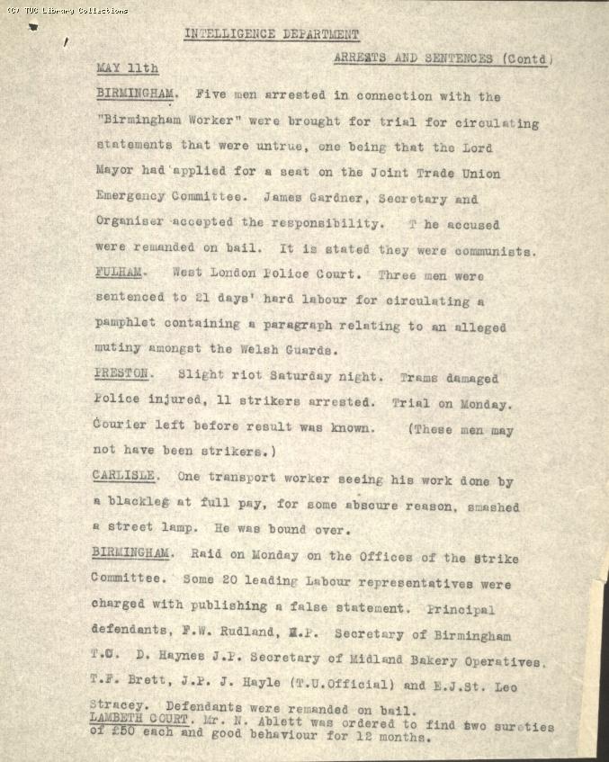 Intelligence Report - Arrests and Sentences, 11 May 1926