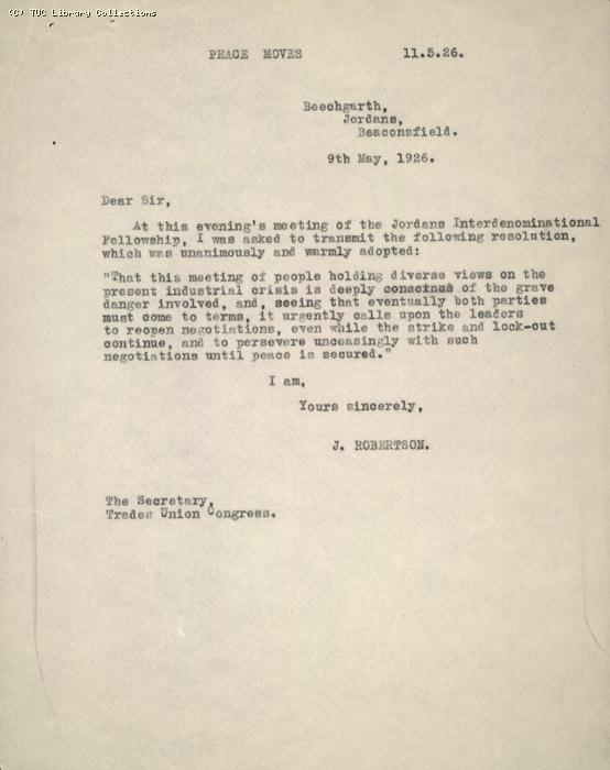 Letter - from  J. Robertson to The Secretary, TUC, re: Peace Moves