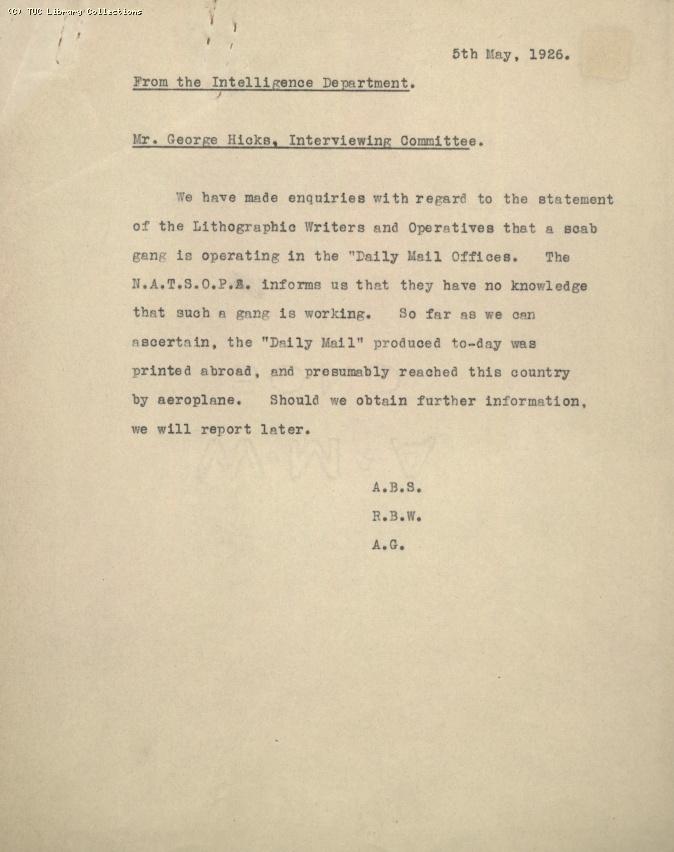 Memo - Intelligence Dept to George Hicks, 5 May 1926