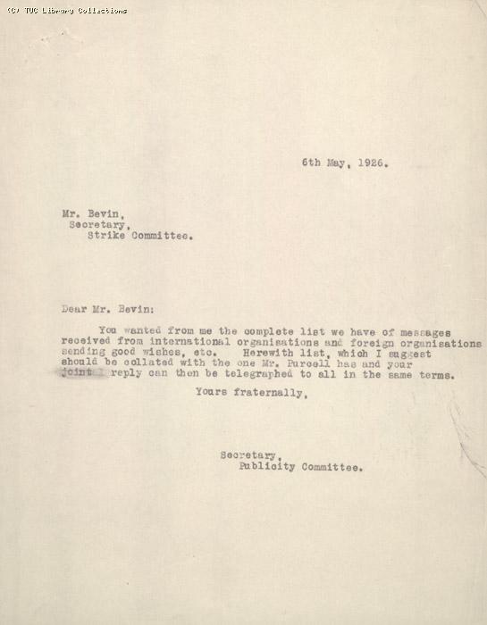 Letter - to Bevin re message + attachment 6 May 1926