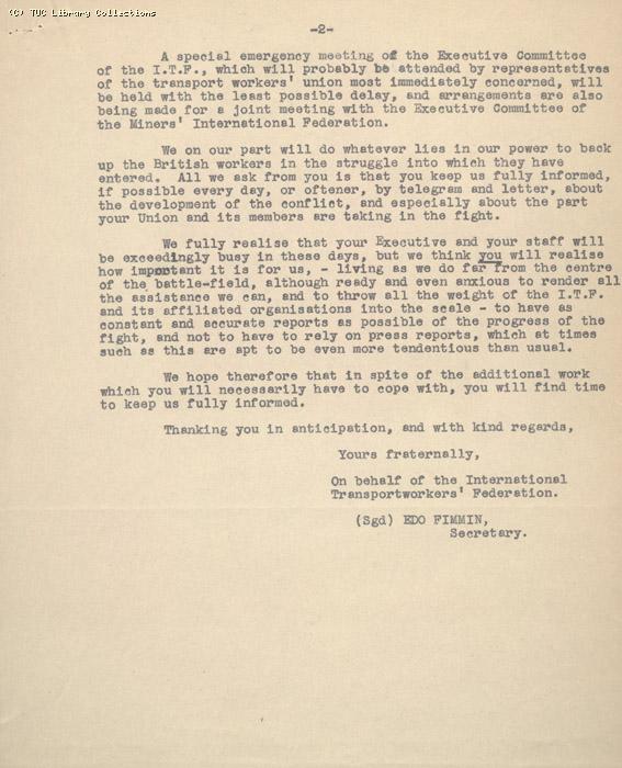 Letter - to Bevin from ITF 3 May 1926