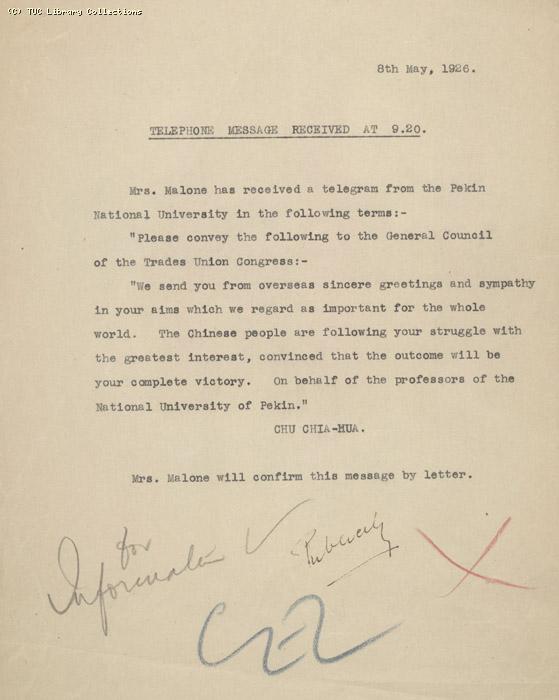 Telephone Message - Pekin, 8 May 1926