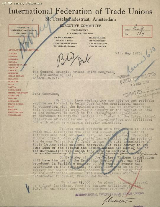 IFTU Letter,  7 May 1926