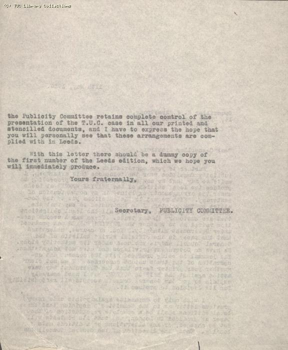 Letter from  Secretary of Publicity Committee to W. Armstrong, 11 May 1926, re: printing of British Worker in Leeds