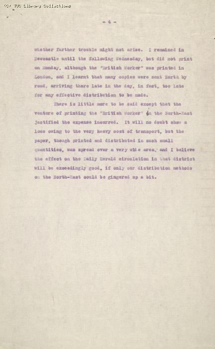 Report by Dawson on his work in Newcastle to publish the British Worker, 27 May 1926