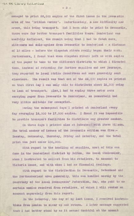 Report by Dawson on his work in Newcastle to publish the British Worker, 27 May 1926