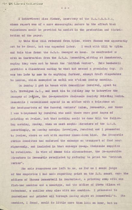 Report by Dawson on his work in Newcastle to publish the British Worker, 27 May 1926