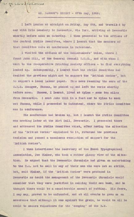 Report by Dawson on his work in Newcastle to publish the British Worker, 27 May 1926