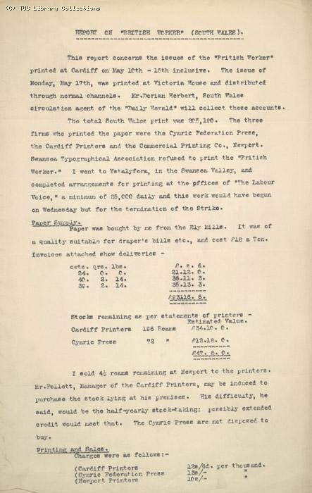 Report on British Worker (South Wales) by W. Stevenson