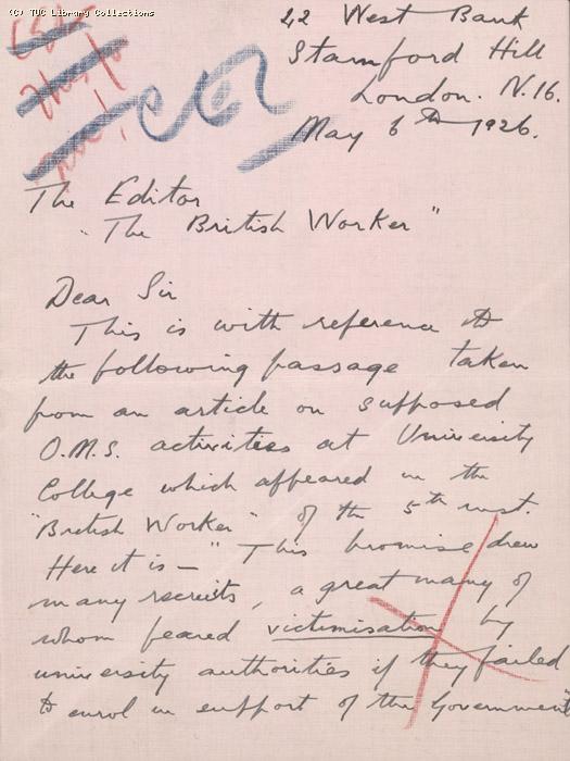 Letter from Oscar D. Plomer to the Editor - British Worker, 6 May 1926, re: allegations of victimisation at University College