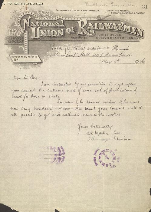 Letter from Paddington Central Strike Committee (NUR) to General Council, 5 May 1926, Re: Need for strike bulletin