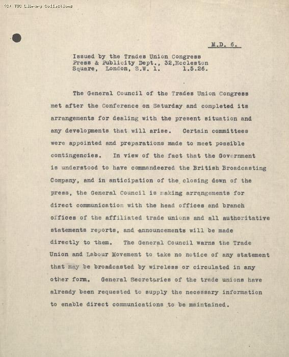 Press statement from Press and Publicity Committee (MD6), 1 May 1926, preparations for stoppage