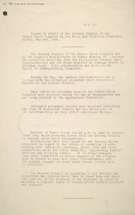 Press statement from Press and Publicity Committee (MD 15), 2 May 1926, re: preparations for stoppage
