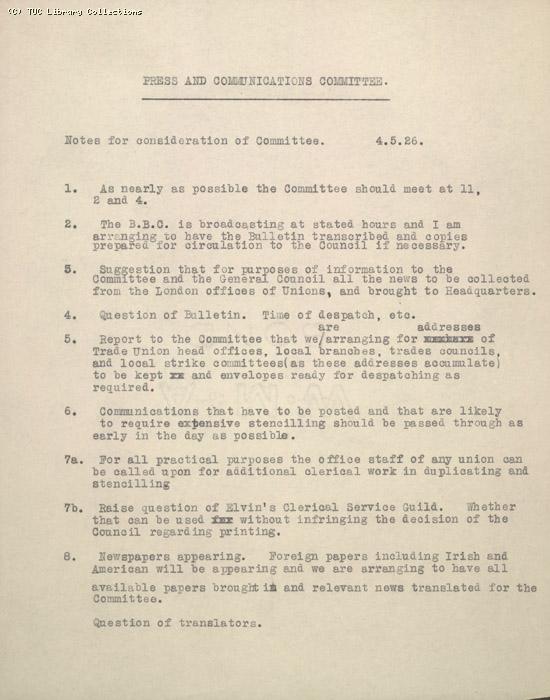 Notes for consideration of the Press and Communication Committee, 5 May 1926
