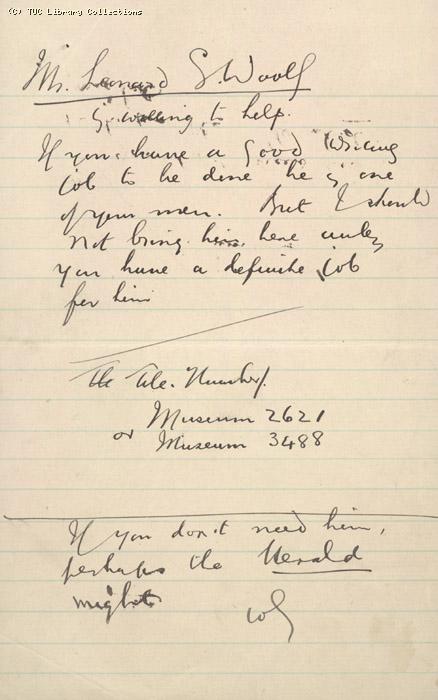 Letter from ? To Tracey at TUC, offering the services of Leonard Woolf