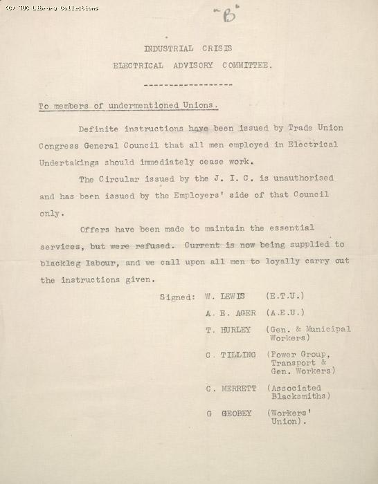 Circular from Electrical Advisory Committee to ETU, AEU, Gen Municp Workers, Power Group, Associated Blacksmiths, Workers union, n.d., re: instructions to cease work
