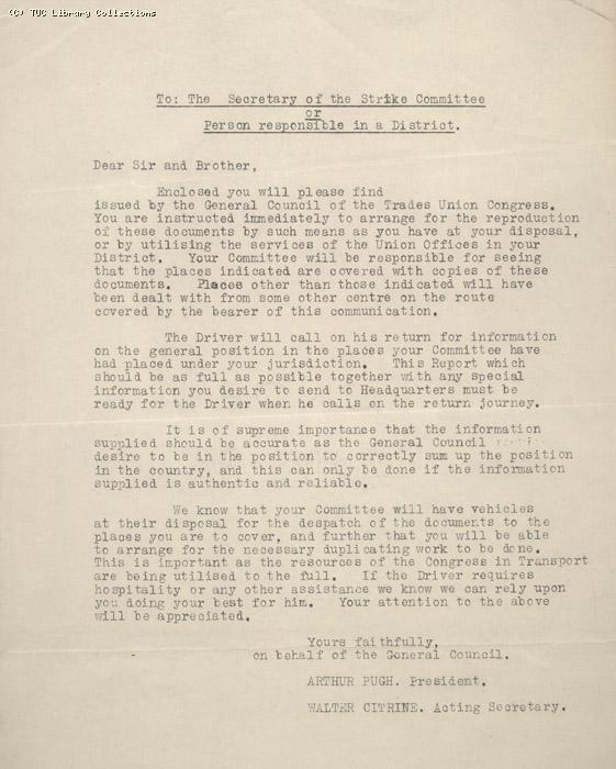 Circular from Pugh and Citrine to Secretary of the Strike Committee or Person responsible in a District, n.d., re: distribution of information from GC and collection of local reports