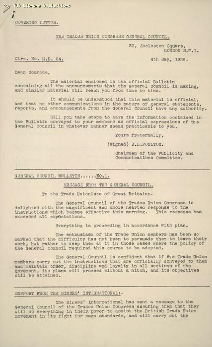 Circular No. 28 from GC to Secretaries of all affiliated trade unions, 4 May 1926, re: Mining Dispute