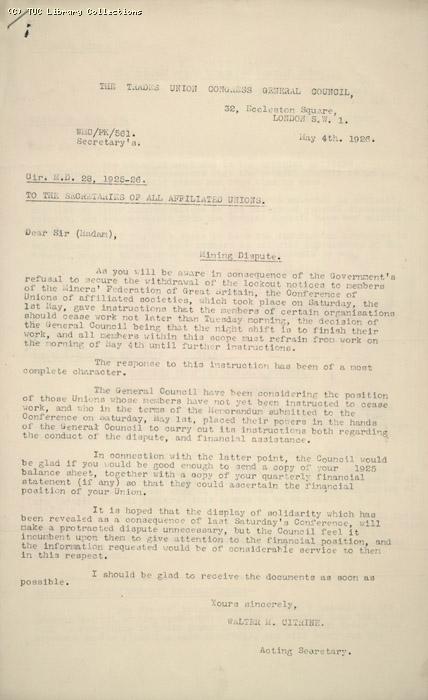 Circular No. 28 from GC to Secretaries of all affiliated trade unions, 4 May 1926, re: Mining Dispute