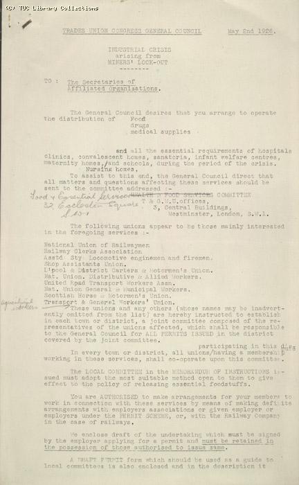 Circular from GC to Secretaries of all affiliated trade unions, 2 May 1926, re: distribution of essential supplies