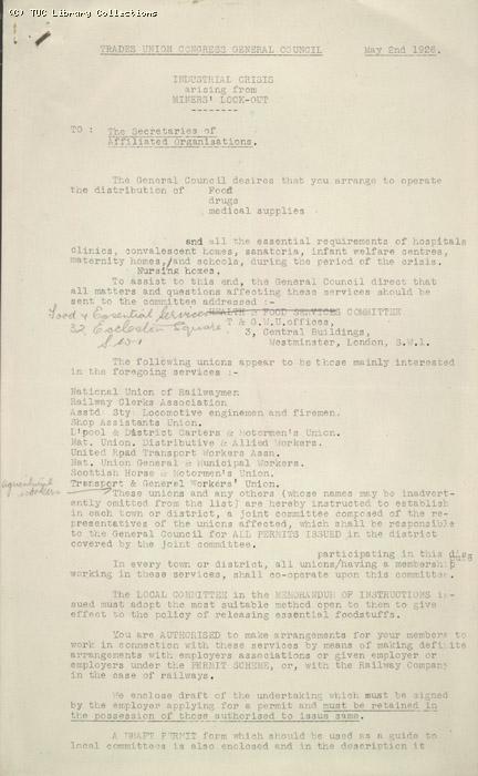Circular from GC to Secretaries of all affiliated trade unions, 2 May 1926, re: distribution of essential supplies
