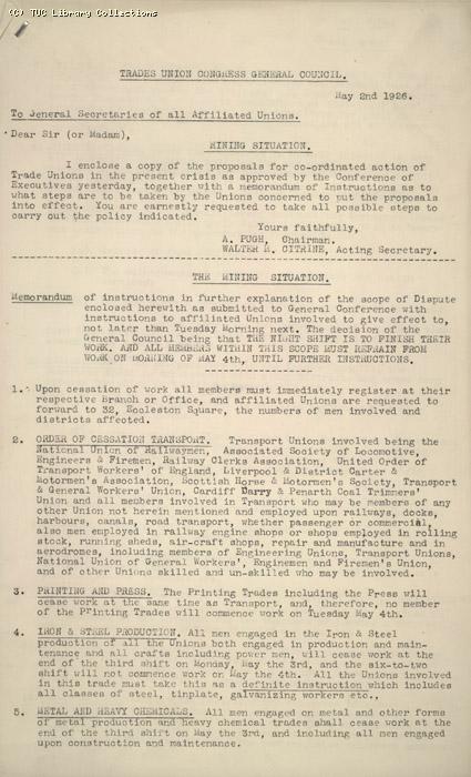 Memorandum from GC to General Secretaries of all affiliated trade unions, 2 May 1926, re: The Mining Situation