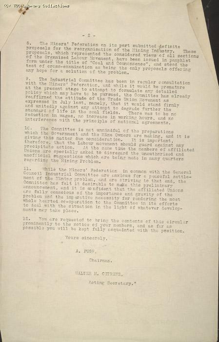 Press release from Joint Press and Publicity Department, Trades Union Congress and Labour Party, 26 February 1926, re: The Mining Crisis