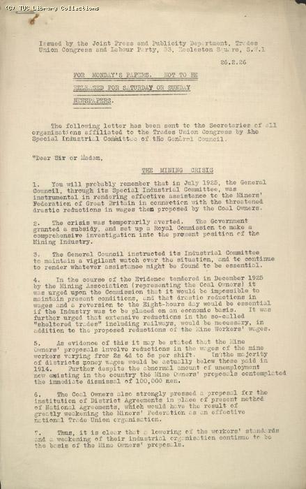Press release from Joint Press and Publicity Department, Trades Union Congress and Labour Party, 26 February 1926, re: The Mining Crisis