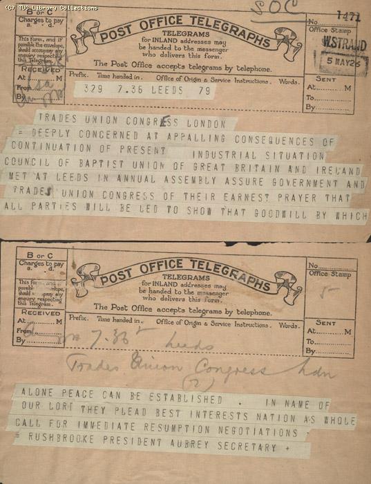 Telegram - Leeds,Baptists, 5 May 1926