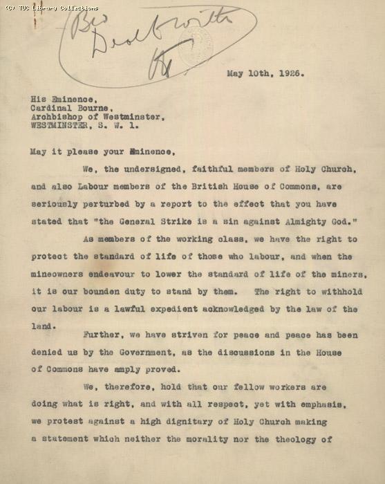 Letter - Cardinal Bourne, 10 May 1926