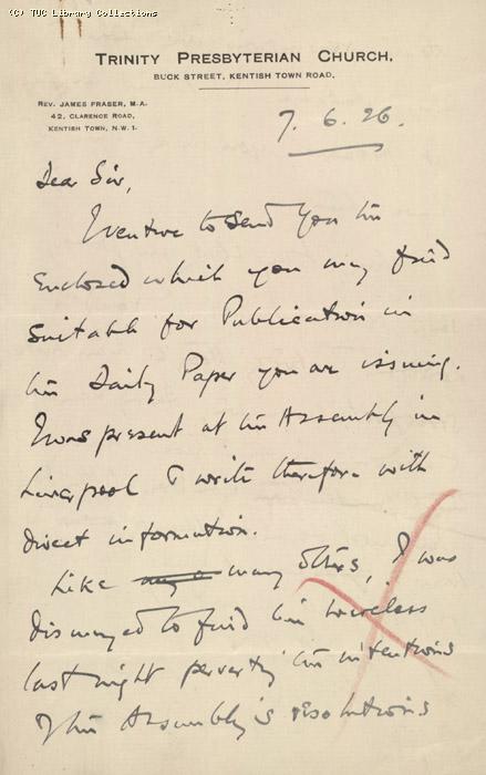 Letter - Trinity Presbyterian Church, 7 June 1926