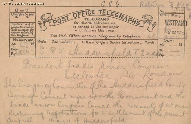 Telegram - Huddersfield,  6 May 1926
