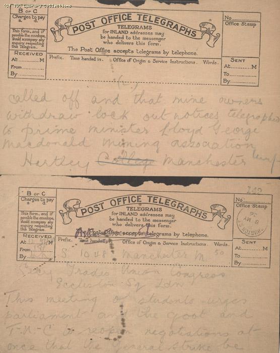 Telegram - Manchester Students, 8 May 1926