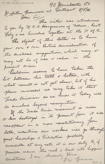 Letter - Greaves, 8 May 1926