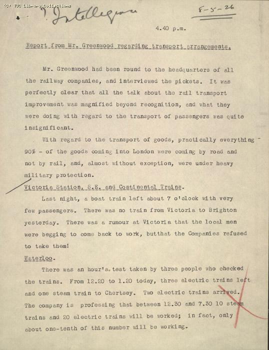 Report - from Mr. Greenwood regarding transport arrangements, 8 May 1926